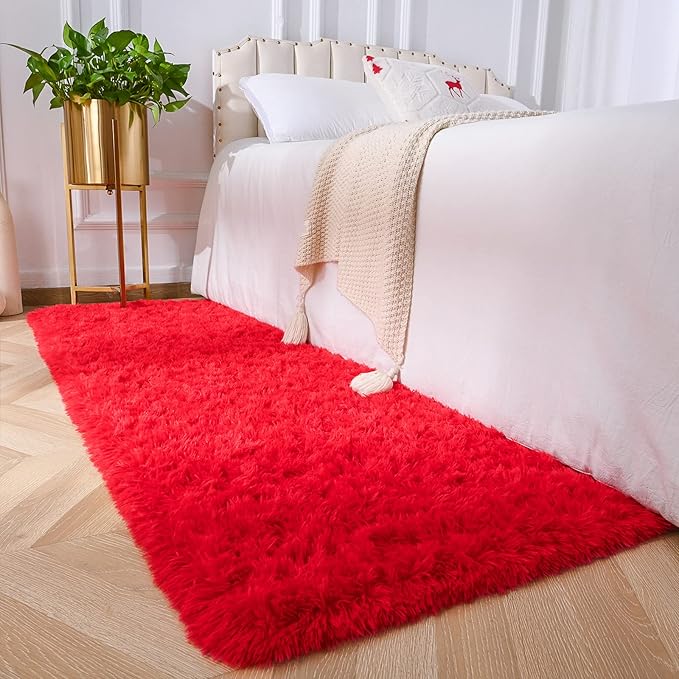 Amearea Shag Fluffy Runner Rug for Bedroom Girls Living Room, 2x6 Feet Extra Soft and Fuzzy Shaggy Rugs, Non Slip, Indoor Floor Long Carpet Mat for Boys Nursery Home Decor, Red