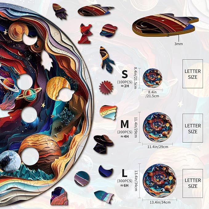 Wooden Puzzle for Adults-3D Visual Effect Universe Unique Shape Advanced Wooden Jigsaw Puzzle for Adults and Kids,Best Birthday Gift,Wood Box Craft Kit (Medium)