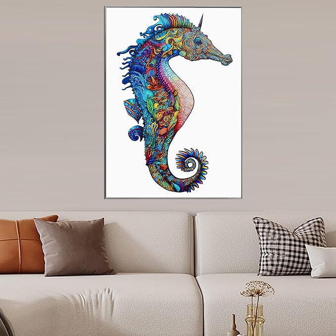 Unique Wooden Jigsaw Puzzles - Unicorn Seahorse, 300 Pcs King Size 11.4" x 17.9", Animal Shaped Wood Puzzle, Beautiful Package, Best Gift for Adults and Kids, Family Game