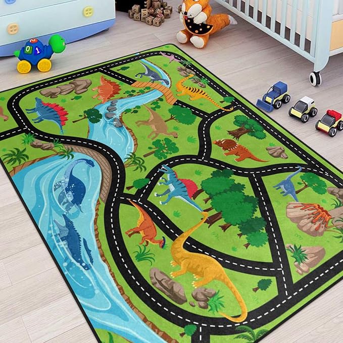 Kids Rug, Jurassic Forest Park Road System Playmat Rugs - 5x7 Ft Kids Carpet with Rubber Backing, Stegosaurus Spinosaurus Dinosaur Play Mat Great for Playing with Cars for Bedroom Playroom Nursery Rug