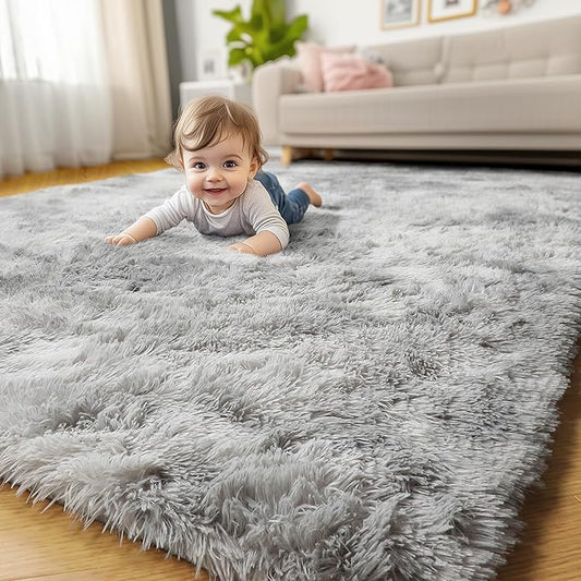 Amdrebio Tie-Dyed Light Grey Area Rug for Bedroom, Soft Shag Furry Rug 5x7 for Living Room, Fluffy Fuzzy Rugs for Kids Room Decor, Modern Shaggy Carpet for Classroom Office, Plush Indoor Rug