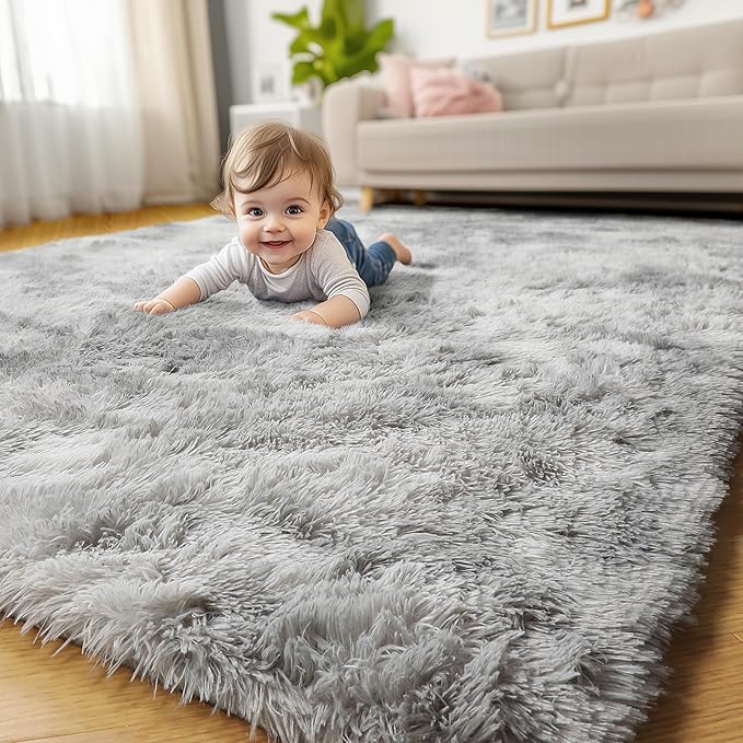 Amdrebio Tie-Dyed Light Grey Area Rug for Bedroom, Soft Shag Furry Rug 5x8 for Living Room, Fluffy Fuzzy Rugs for Kids Room Decor, Modern Shaggy Carpet for Classroom Office, Plush Indoor Rug