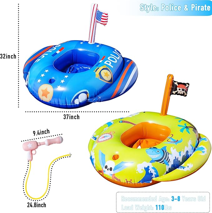 FindUWill 4 Pack Police Pirate Baby Inflatable Pool Floats, 2Pcs Pool Floats and 2 Pcs Water Guns for Kids, Inflatable Water Toys for Summer Fun(2 Patterns)
