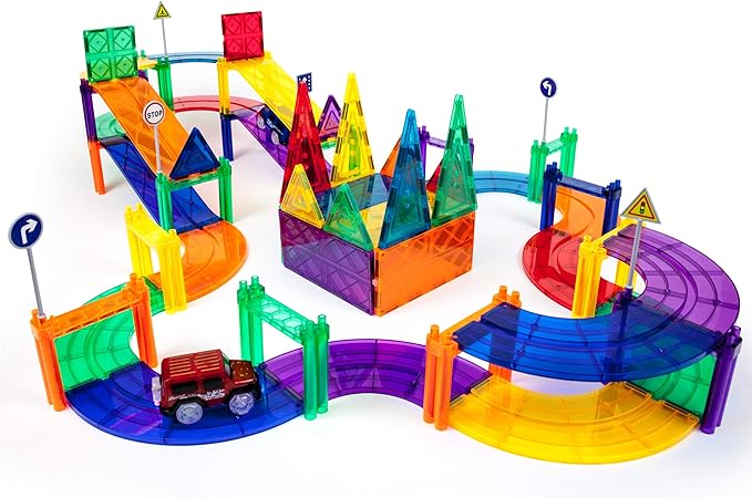 PicassoTiles 80 Piece Race Car Track + Ideabook with Over 150+ Ideas, Magnet DIY Playset 2 Light Up Car STEM Learning Kit Hand-Eye Coordination Fine Motor Skill Training, Unique Innovative Creations