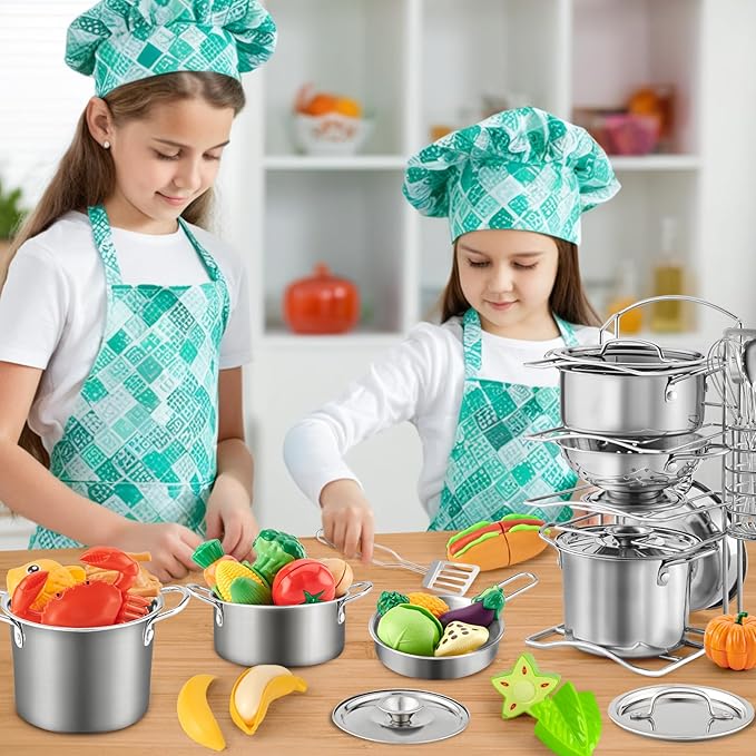 12Pcs Large Size Kids Pots and Pans Playset, Pretend Play Kitchen Set Toy Stainless Steel Pots and Pans Cooking Toys Accessories for Kids Toddler Age 3 Years Old