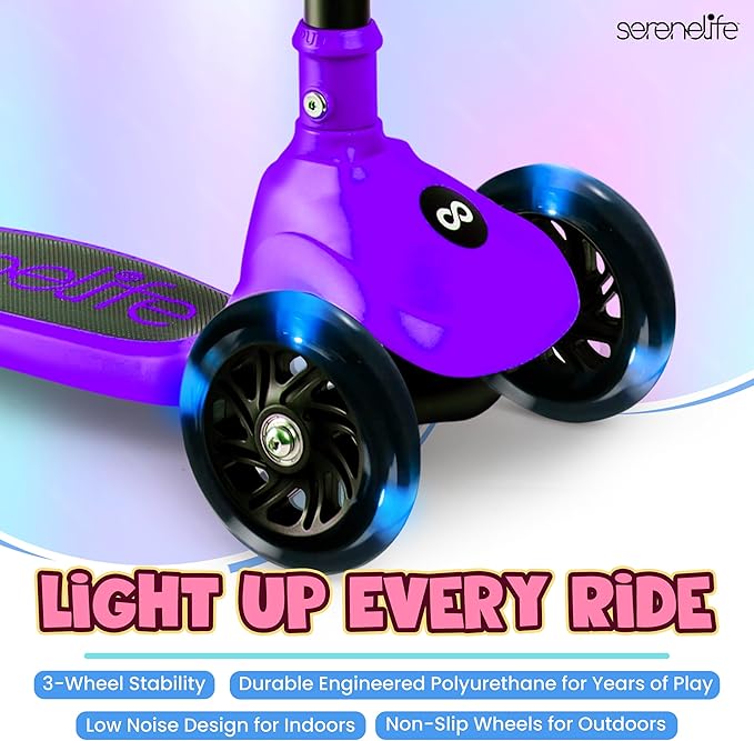 SereneLife 3 Wheel Foldable Kids Scooter - Foldable Seat, LED Wheel Lights, Adjustable Handlebar, Rear Foot Brake, Lean-to-Steer, Anti-Slip Deck, Ideal for Toddlers Kids 3+, up to 110Lbs