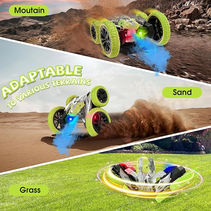Remote Control Car, 360° Rotating RC Stunt Car with Lights and Spray, 2.4Ghz 4WD Double-Sided Driving RC Car Toys for Kids, Outdoor Dinosaur Truck Gift for Boys and Girls Age 4-7,8-12 (Green)