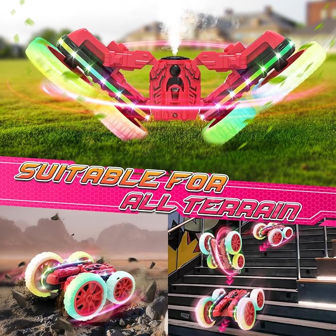 Remote Control Car,RC Cars with Sides Light and Headlights,360°Rotating 4WD Spray RC Stunt Car,2.4Ghz All Terrain Toy Car for Boys Age 4-7 Kids Toy for 8-12 Boys Girls Birthday Gift(Red)