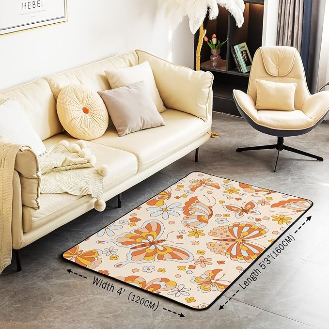 Erosebridal Retro 70S 60S Floral Hippie Area Rugs 4x5 for Kids Girls Cute Groovy Butterfly Flower Power Decorative Rug Boho Natural Flowers Rainbow Garden Botanical Washable Carpet