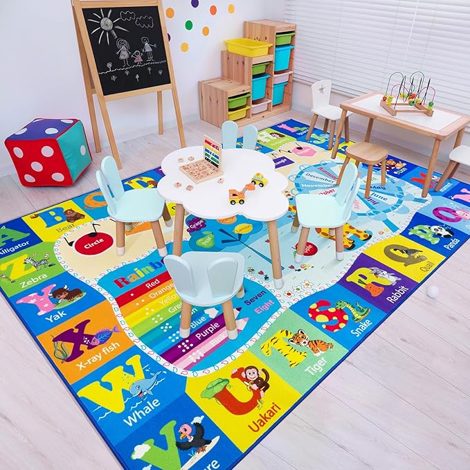 Kids Playroom Rug 4x6 Blue Rugs for Boys Girls Bedroom Child Play Mat Educational and Fun Baby Care Rugs,Learning Rug with ABC Alphabets Animals Shapes No-Slip Carpets for Children Toddler Washable