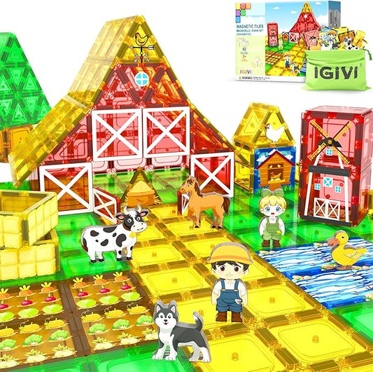 Magnetic Tiles Farm Animals Toddler Toys, STEM Magnet Building Blocks for Kids Ages 3-5 4-8 5-7, Preschool Montessori Sensory Toys, Gifts for 3 Year Old Boys & Girls