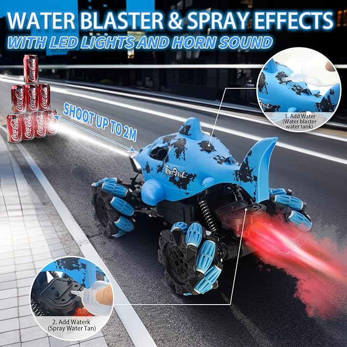 Ansee RC Cars for Kids, Shark Remote Control Car for Boys, 2.4GHz 360 Flips Rotating All Terrains RC Truck with Water Shooting, Sound & Spray Remote Control Truck Toys for Boys Girls Gifts (Blue)
