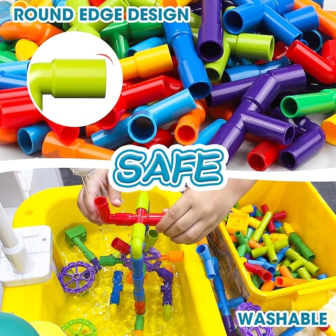 burgkidz STEM Learning Pipe Tube Construction Building Blocks, Sensory Toys with Wheels Baseplate for All Ages Kids Boys Girls, 188 Pcs