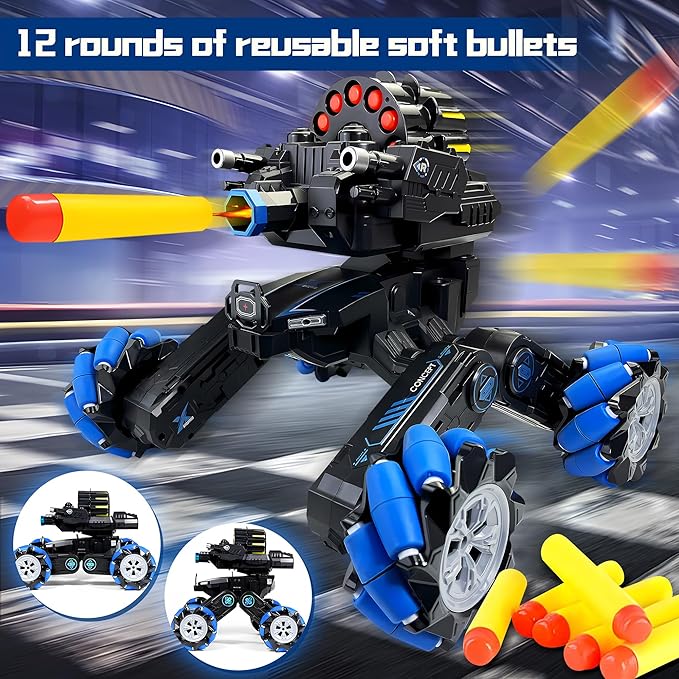 RC Tank Car with Drift,Hand Gesture Control Dual Mode Stunt Truck with Light, Spray and Music, 2.4Ghz Free Deformation Remote Control Fighting Bullets Vehicle for Kids