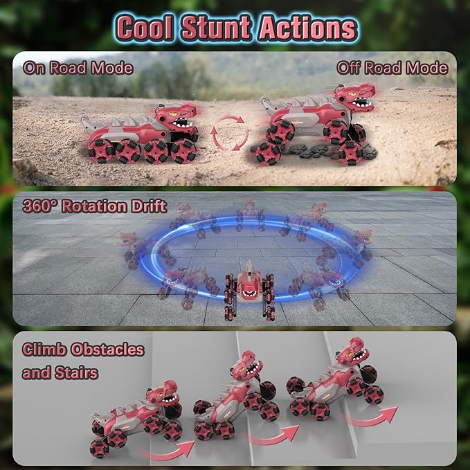Dinosaur Remote Control Car - 8WD RC Toys for 4 5 6 7 8 Year Old Boys, 2.4Ghz RC Transform Stunt Monster Car with 360°Rotating/Spray/Roar, Birthday Xmas Gifts for Kids Age 4-6 5-7 8-12