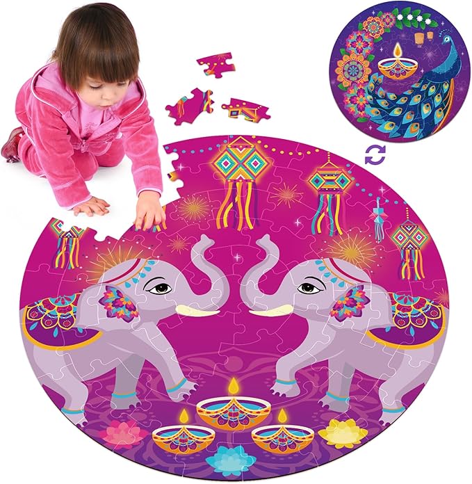 Rangoli Diwali Puzzle for Kids 70 Pieces Double Sided Large Mandala Floor Puzzle 22", Indian Holiday Decorations Gifts for Kids 3+ Party Favors