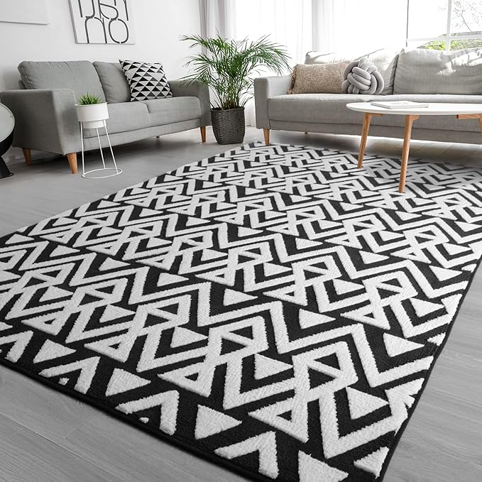 Ompaa Ultra Soft Geometric Bedroom Rugs Memory Foam Carpet, Black 6 x 9 Feet, Cozy Area Rugs for Living Room Couch Dorm Bedside Kids Girls Teens Room Nursery Decor Floor Mat