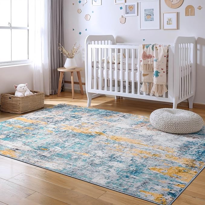 Entryway Rug 3x5 Blue Bedroom Area Rug Washable Non Slip Abstract Boho Rugs for Indoor Entry, Kitchen, Classroom, Bathroom, Kids Girls Room, Office, College Dorm Small Carpet