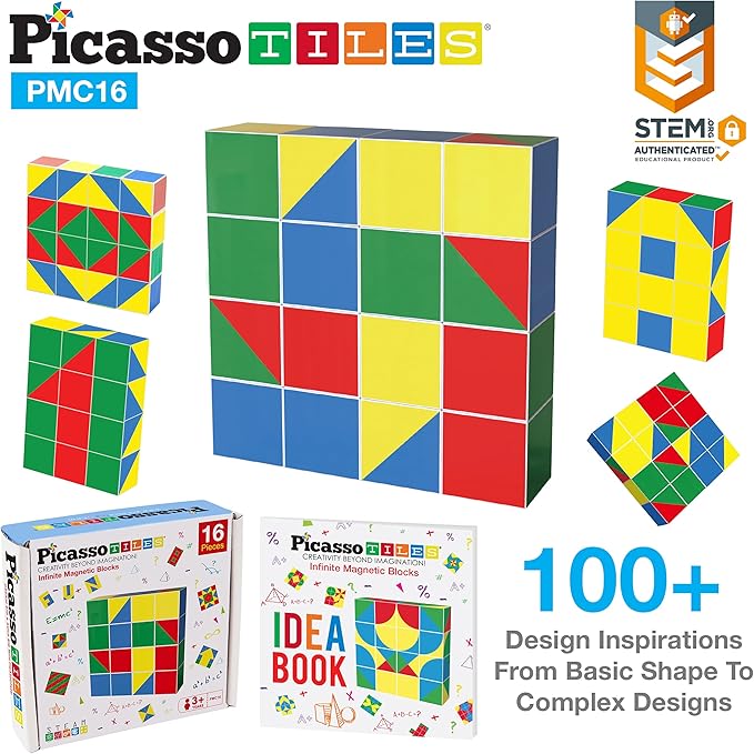 Picasso Cubes 16 Piece Magnetic Puzzle Game Magic Cube Puzzles Brain Teaser Set Kids Toy Magnet Pattern Block Matching Toys with Free Ideabook 100+ Inspirations Included STEM Learning Early Education