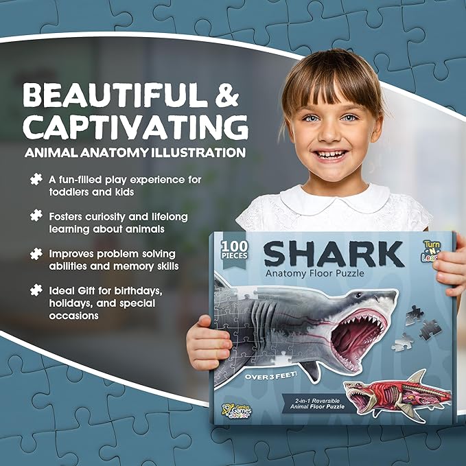Shark Animal Anatomy Floor Puzzle | 100-Piece Double Sided Jigsaw Puzzle | Large Floor Puzzles for Kids Ages 4-8, 3-5, 8-10 | Fun and Educational Toy for Kids, Toddlers and Families