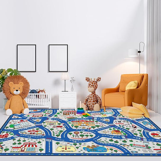 Kids Carpet Playmat Rug Player Car Rug,City Life Traffic Road Map Mat Educational Game Area Rug for Toddler Children Playroom Classroom Bedroom (Blue,6 x 9 ft)