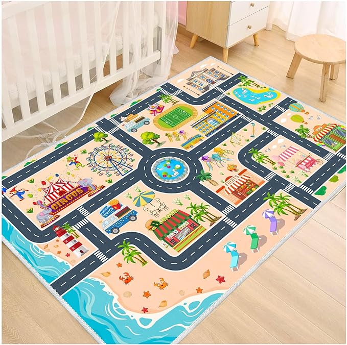 Kids Carpet Playmat Car Rug, Car Rug for Kids Toy Cars and Train, Non Slip Play Mat for Playroom Kids Room, City Life Educational Road Traffic Carpet for Classroom Nursery(Yellow,47×71in)