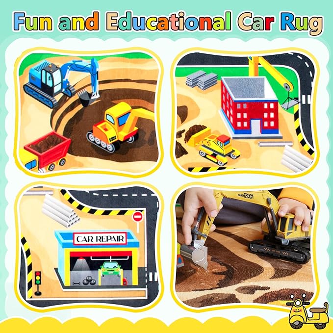 Kids Rug Construction Site Play Rug,5x7 Ft Area Rug, Tufted Wool & Rubber, Non-Slip, Stain & Fade Resistant, Machine Washable, Rustic Cartoon Construction Site Pattern