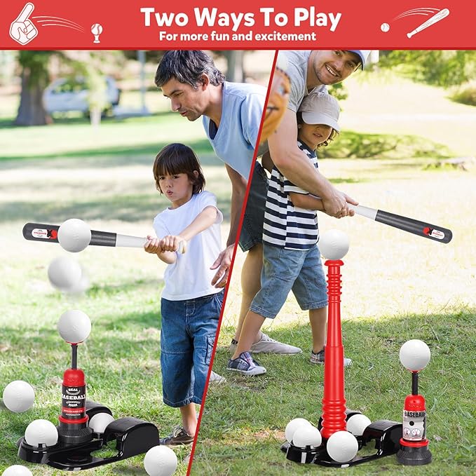 T Ball Set, Tee Ball Set for Kids 3-5 with 6 Large Baseballs & Automatic Pitching Machine & Adjustable Batting Bat, Outdoor Games Sports Toy Gift for Toddlers Boys Girls Ages 5-8 8-12