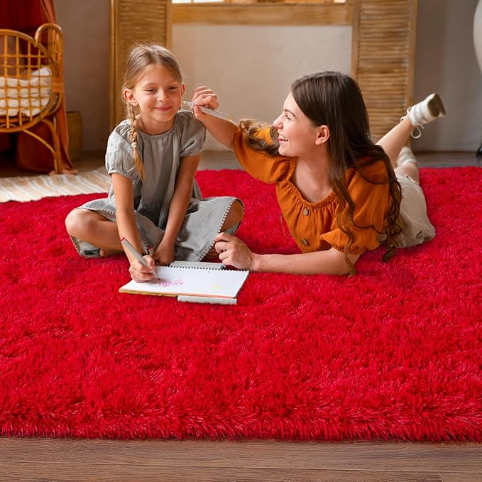 Super Fluffy Rug for Bedroom, 6x9 Feet, Modern Shag Red Area Rugs, Soft and Cozy Plush Large Carpet for Kids, Girls Boys and Teens Decorations for Living Room Dorm Nursery Classroom, Red
