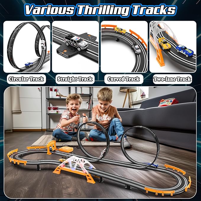 Slot Car Race Track Sets for Boys,Race Car Track with 4 High-Speed Slot Cars,Battery or Electric Car Track,Dual Racing Game Lap Counter Track Sets,Toys Gifts for Boys Girls Ages 4 5 6 7 8-12