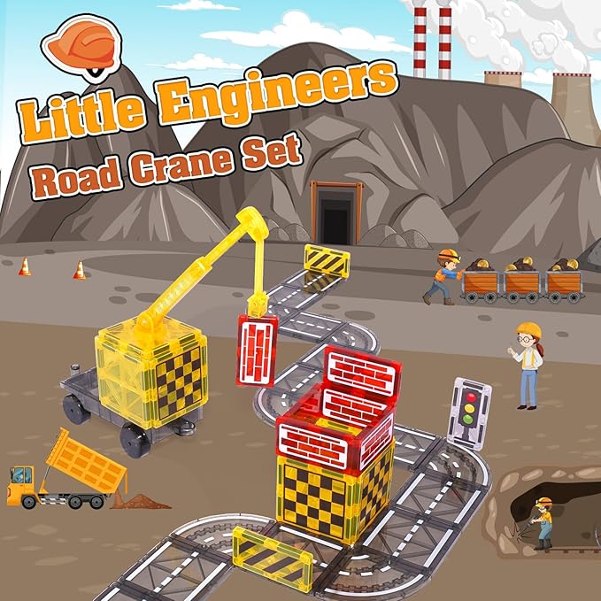 Magnetic Tiles Kids Construction Toys - Road Set with Magnet Crane for Boys Age 3-5 4-8 8-10, Magnet Building Blocks Expansion Pack Toy Car Track Train Set, Road, Dolls, Traffic Lights and Stations