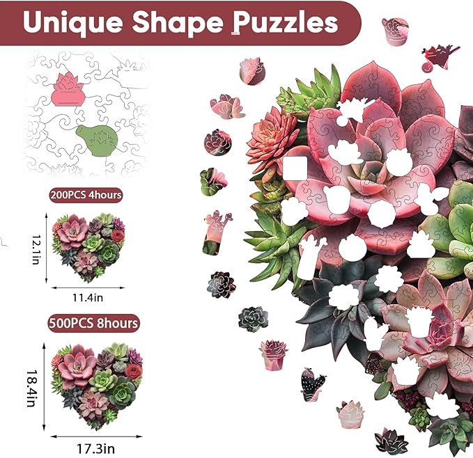 Heart Succulent Wooden Puzzles for Adult,500 Pieces Unique Shaped Flower Wooden Jigsaw Puzzles for Adults and Kids,Extra Thick 5MM,Family Game,Birthday Gift17.3"x18.4"