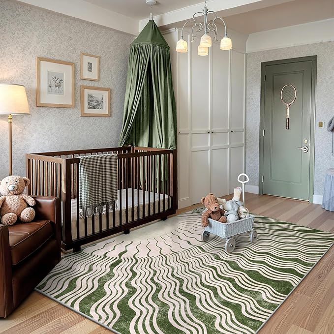 Boho Washable Rugs 5x7, Sun Print Soft Green Rug for Bedroom Ultra-Thin Nursery Rug Non Slip, Stain Resistant Living Room Rug for Dining Room Classroom(5'x 7',Green/Multi)