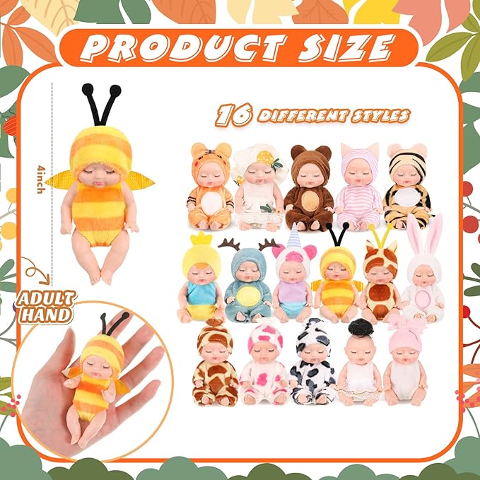 16 Pcs 4 Inch Mini Reborn Baby Dolls Lifelike Realistic Tiny Baby Doll with Animal Clothes Cute Infant Figurine Gifts Set for Teens Girls Boys Toddlers Kids 3+ Birthday Gifts Big Fillers