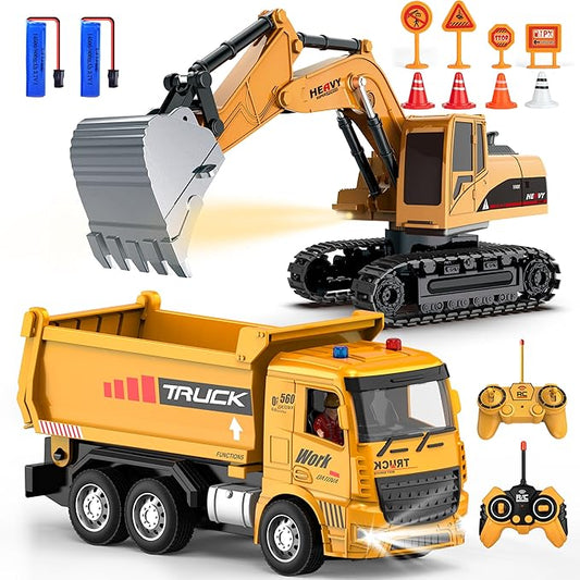 Remote Control Excavator and Dump Truck Toy Set - RC Construction Vehicles Toy with Barricades, Road Signs, Simulated Rocks, Lights and Sounds, Birthday Gifts for Toddlers 3-12 year Boys Girls
