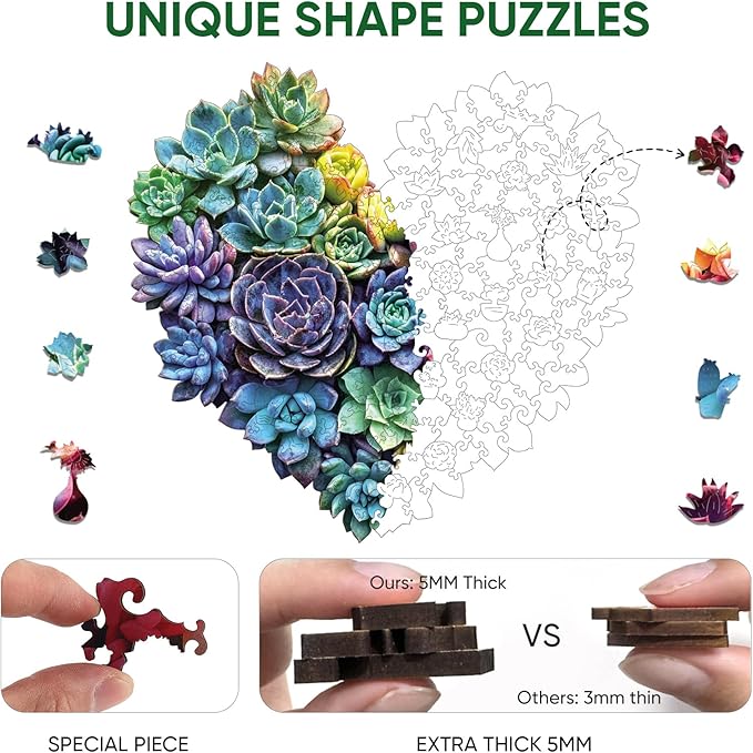 Heart Succulent Puzzles for Adults 200 Pieces, 5MM Thick Unique Shaped Flower Jigsaw Puzzles Birthday Gifts for Kids Family Game 11.8 * 12.6inch