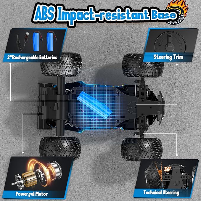 Remote Control Car, All Terrain Remote Control Truck for Boy, 2.4GHz Rc Car with Bodylight and Two Rechargeable Batteries, 20KM/H Monster Truck Toys