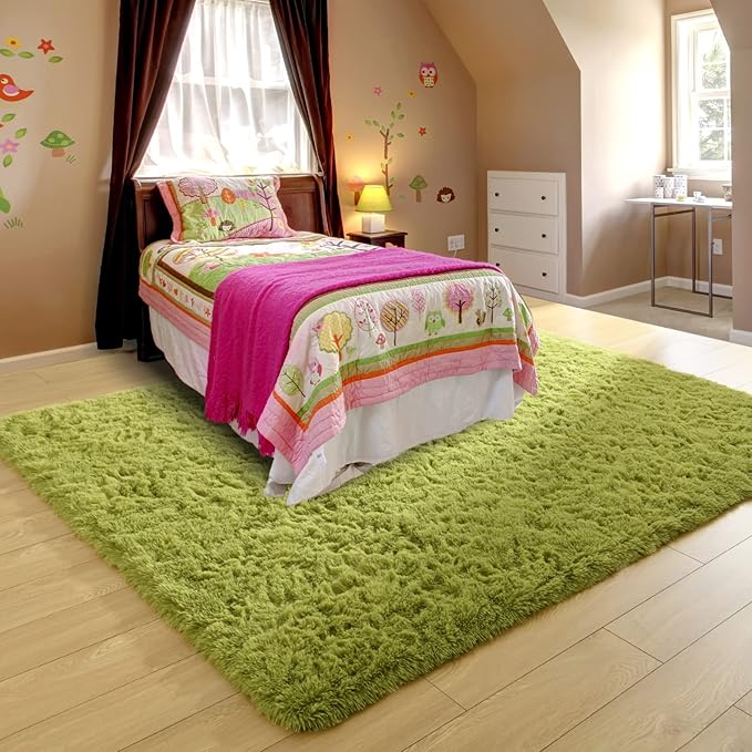 Ompaa Fluffy Rug, Super Soft Fuzzy Area Rugs for Bedroom Living Room - 4' x 6' Large Plush Furry Shag Rug - Kids Playroom Nursery Classroom Dining Room Decor Floor Carpet, Green