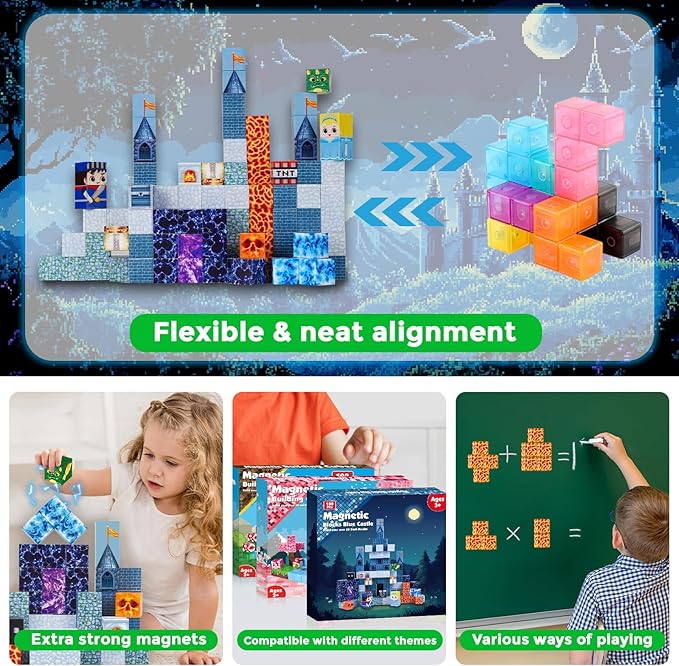 Magnetic Blocks - 100 PCS Build Blue Castle Christmas - Magnetic Toys for Montessori Toddler Christmas Birthday Gifts - STEM Sensory Toys for 3 4 9 10 Year Old Boys & Girls