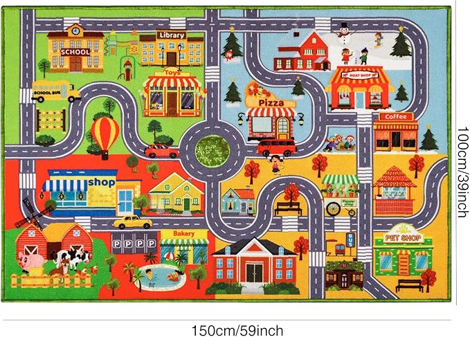 Kids Rug Car Carpet Play Mat, Non-Slip Traffic Road Rug for Kids, Extra City Map Educational Mat for Playroom Boys Bedroom Classroom (59X39.4 INCH, Four Season)
