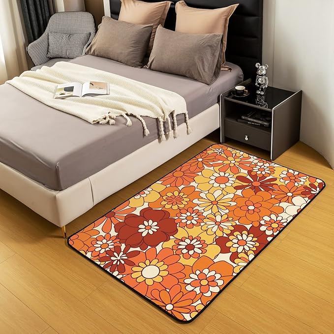 Boho Floral Area Rug 4x5 Retro Groovy Flowers Carpet 60S 70S Hippie Flower Power Decorative Rug for Kids Girls Women Groovy Natural Garden Botanical Orange Brown Non Slip Rug for Bedroom