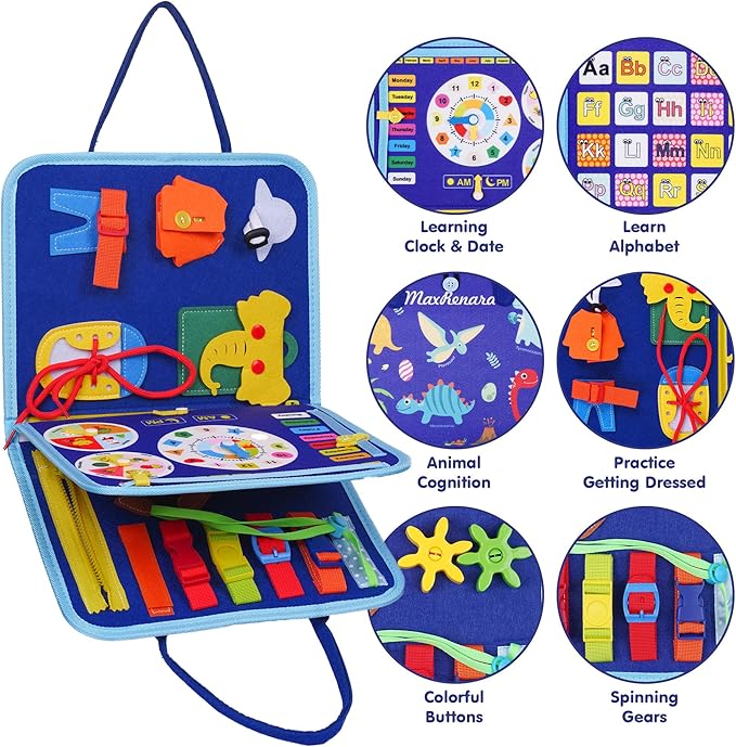 iooo Toddler Busy Board Montessori Toys for 1 2 3 4 Year Old, Sensory Board with Buckles Educational Activities for Learning Fine Motor Skills, Gifts Toy for Girls Boys for Airplane Car (Blue-3)