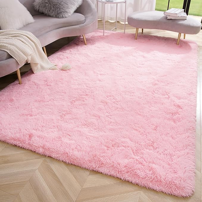 Amearea Premium Soft Area Rug 4x5.3 Feet, Pink Rugs for Living Room, Fluffy Carpet for Bedroom Nursery Playroom Teen Home Decor, Comfortable Indoor Furry Dorm Carpets, Pink