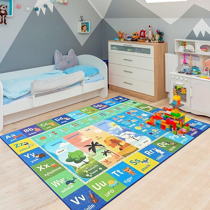 ABC Kids Rug for Playroom, 3x5 Washable Classroom Area Rugs, Toddler Educational Play Mat with Alphabet Numbers Seasons Shapes, Learning Fun for Preschool Children, Blue & Green