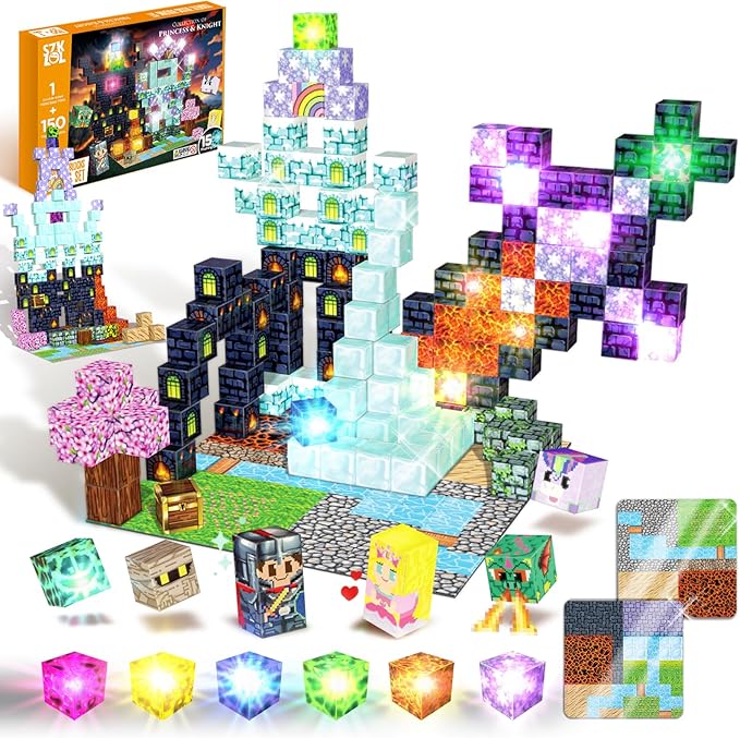 150 PCS Magnetic Building Toys, Magnetic Building Blocks with Light, magnetic cubes Princess & Knight Theme Light Up, STEM Sensory Stacking Build Mine Set for Kid Age 3+ (150pcs with 15 Flashing Cubes