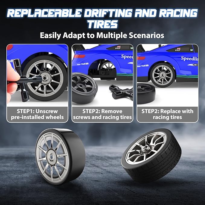 1/16 RC Drift Car, 2.4GHz 4WD Remote Control Drift Car, 30+KM/H High Speed Drift RC Cars with LED Lights 2 Batteries and Drift Tires Race Cars for Adults Boys Kids, Blue