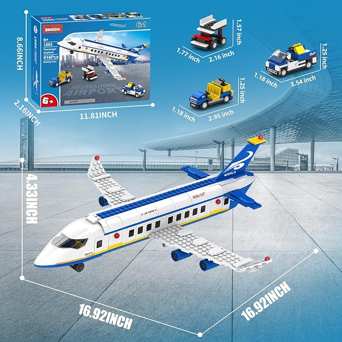 City Passenger Airplane Building Set,516 PCS STEM 6 in 1 Airport Passenger Plane Building Block Toy with Baggage Truck, Shuttle Bus, Christmas Birthday Gifts for Adults Boys Girls Age 6-12+