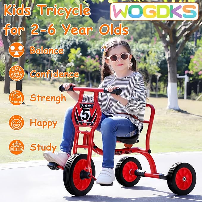 Big Wheel Tricycle for Kids Ages 2-6, Preschool Kids Trike Outdoor Playground Pedal Bike with Adjustable Seat, Inflation-Free Rubber Wheels and Carbon Steel Frame