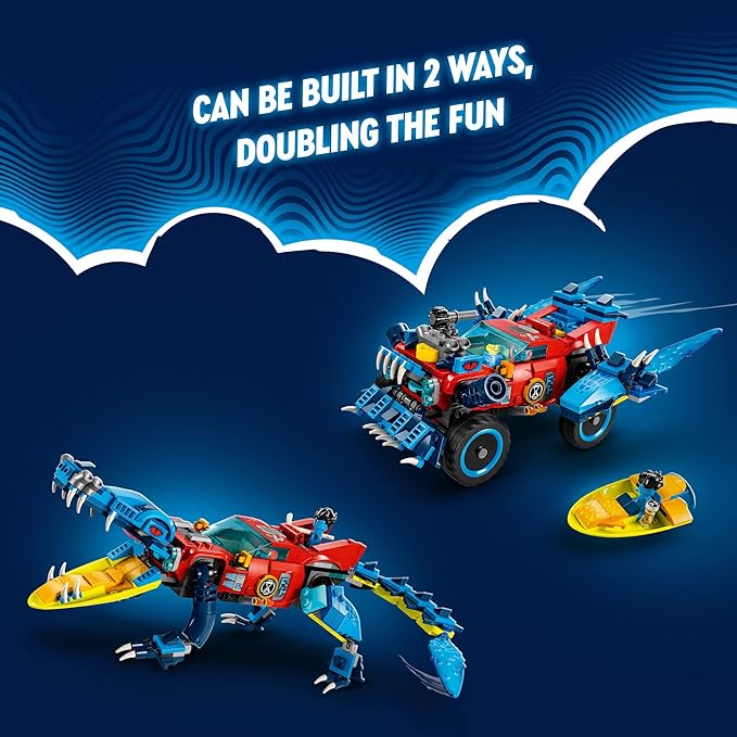 LEGO DREAMZzz Crocodile Car 71458 Building Toy Set, Rebuilds from Car to Off-Roader Truck Toy and Mini-Boat, Features Cooper, Jayden, and The Night Hunter Minifigures, Birthday Gift for 8 Year Olds