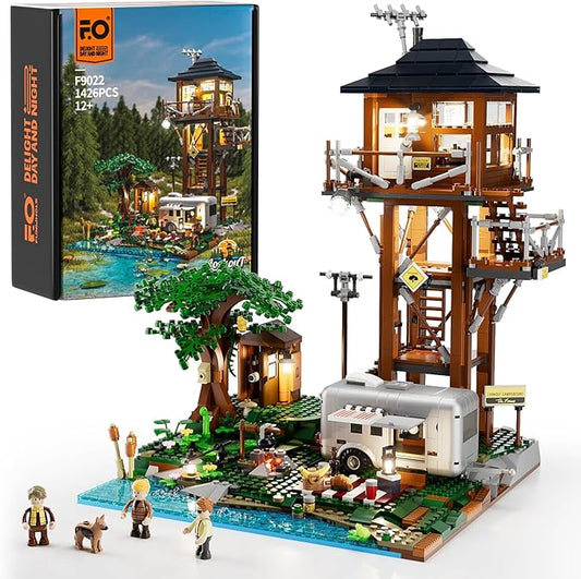 Funwhole Lookout Campground Lighting Building-Bricks Set - Retro Wild Lookout Tower Camping Car and Family Minifigures LED Light Building Set 1426 Pcs for Adults and Teen